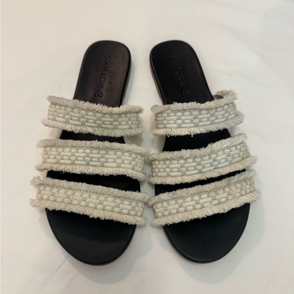 ROTHY'S Triple Band Sea Shell Fringe Slip On Slide Sandals White Women's 8